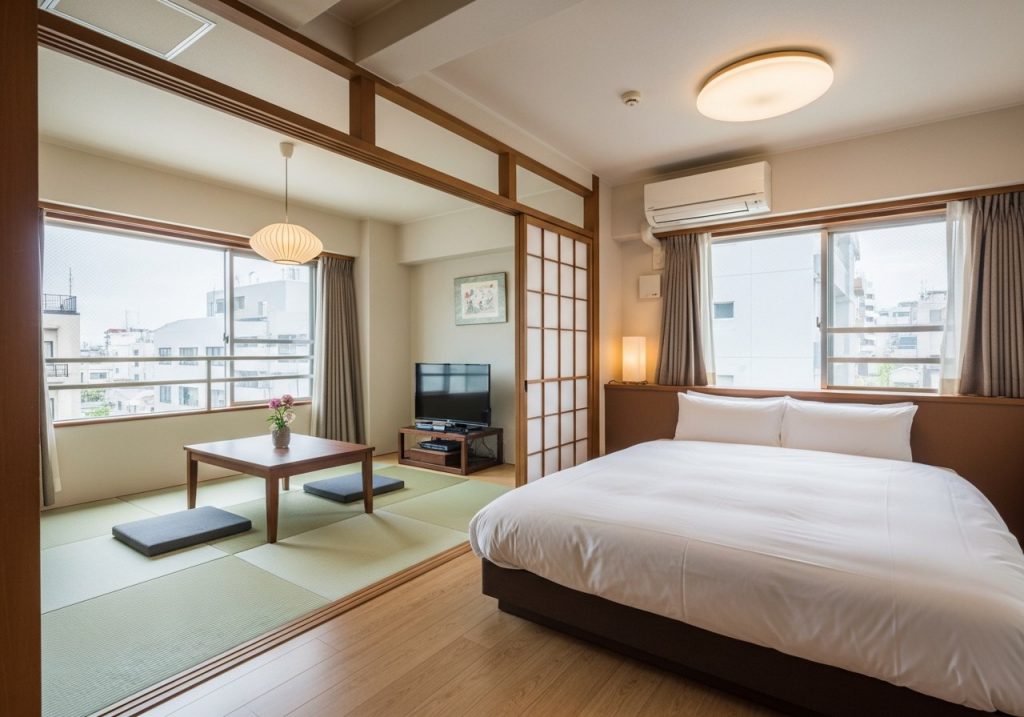 A bright, modern Japanese vacation rental interior with a tatami area and a comfortable bed